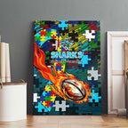 Sharks Autism Awareness Canvas Wall Art Puzzle Flames Rugby Ball