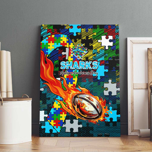 Sharks Autism Awareness Canvas Wall Art Puzzle Flames Rugby Ball