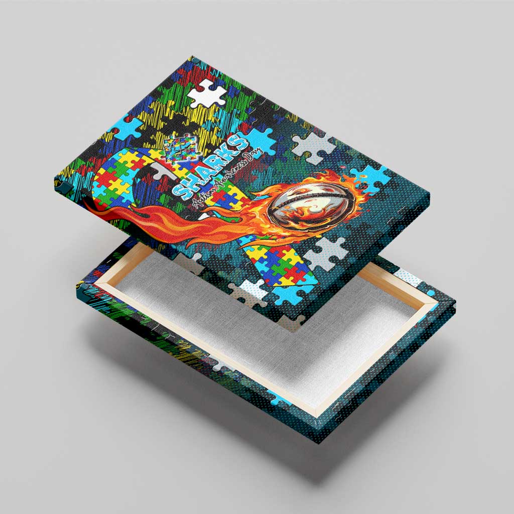 Sharks Autism Awareness Canvas Wall Art Puzzle Flames Rugby Ball