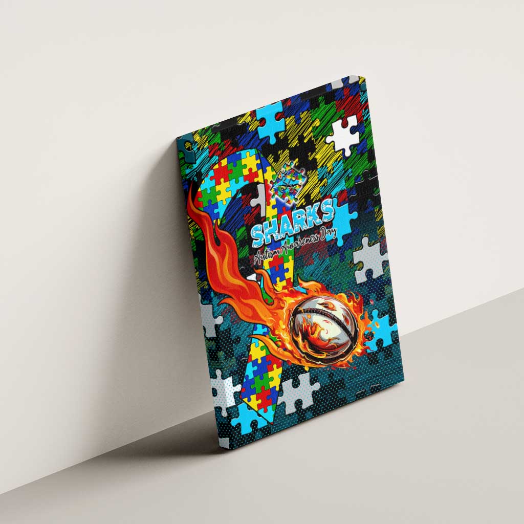 Sharks Autism Awareness Canvas Wall Art Puzzle Flames Rugby Ball