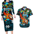 Sharks Autism Awareness Couples Matching Long Sleeve Bodycon Dress and Hawaiian Shirt Puzzle Flames Rugby Ball