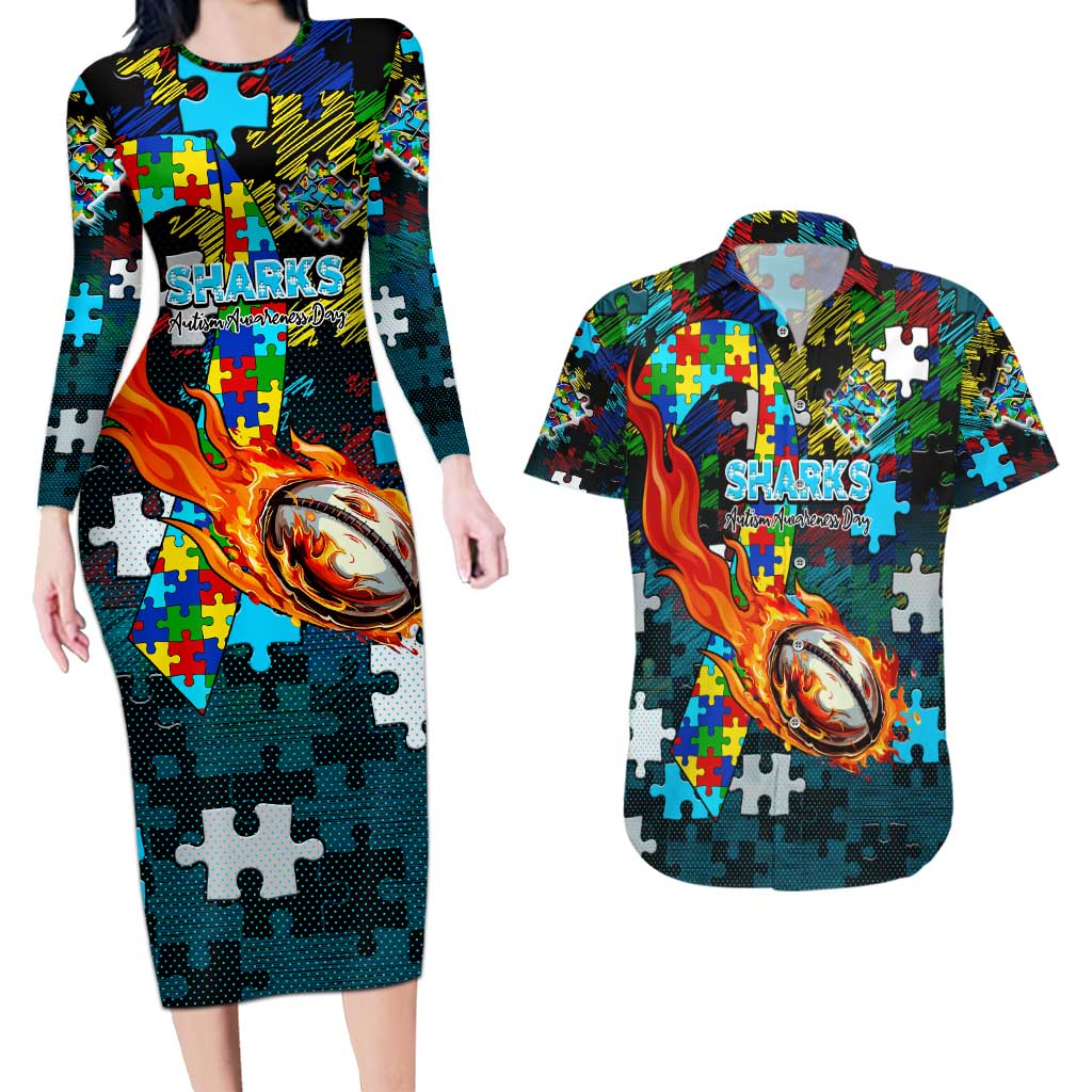 Sharks Autism Awareness Couples Matching Long Sleeve Bodycon Dress and Hawaiian Shirt Puzzle Flames Rugby Ball