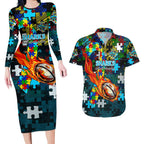 Sharks Autism Awareness Couples Matching Long Sleeve Bodycon Dress and Hawaiian Shirt Puzzle Flames Rugby Ball