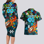 Sharks Autism Awareness Couples Matching Long Sleeve Bodycon Dress and Hawaiian Shirt Puzzle Flames Rugby Ball