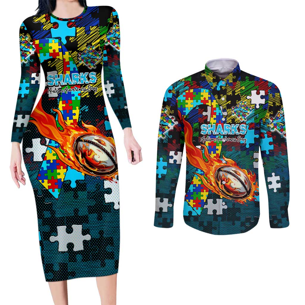 Sharks Autism Awareness Couples Matching Long Sleeve Bodycon Dress and Long Sleeve Button Shirt Puzzle Flames Rugby Ball
