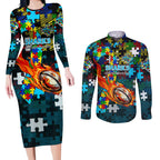 Sharks Autism Awareness Couples Matching Long Sleeve Bodycon Dress and Long Sleeve Button Shirt Puzzle Flames Rugby Ball