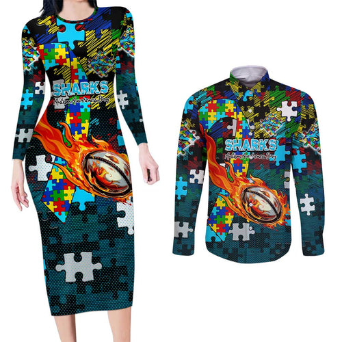 Sharks Autism Awareness Couples Matching Long Sleeve Bodycon Dress and Long Sleeve Button Shirt Puzzle Flames Rugby Ball