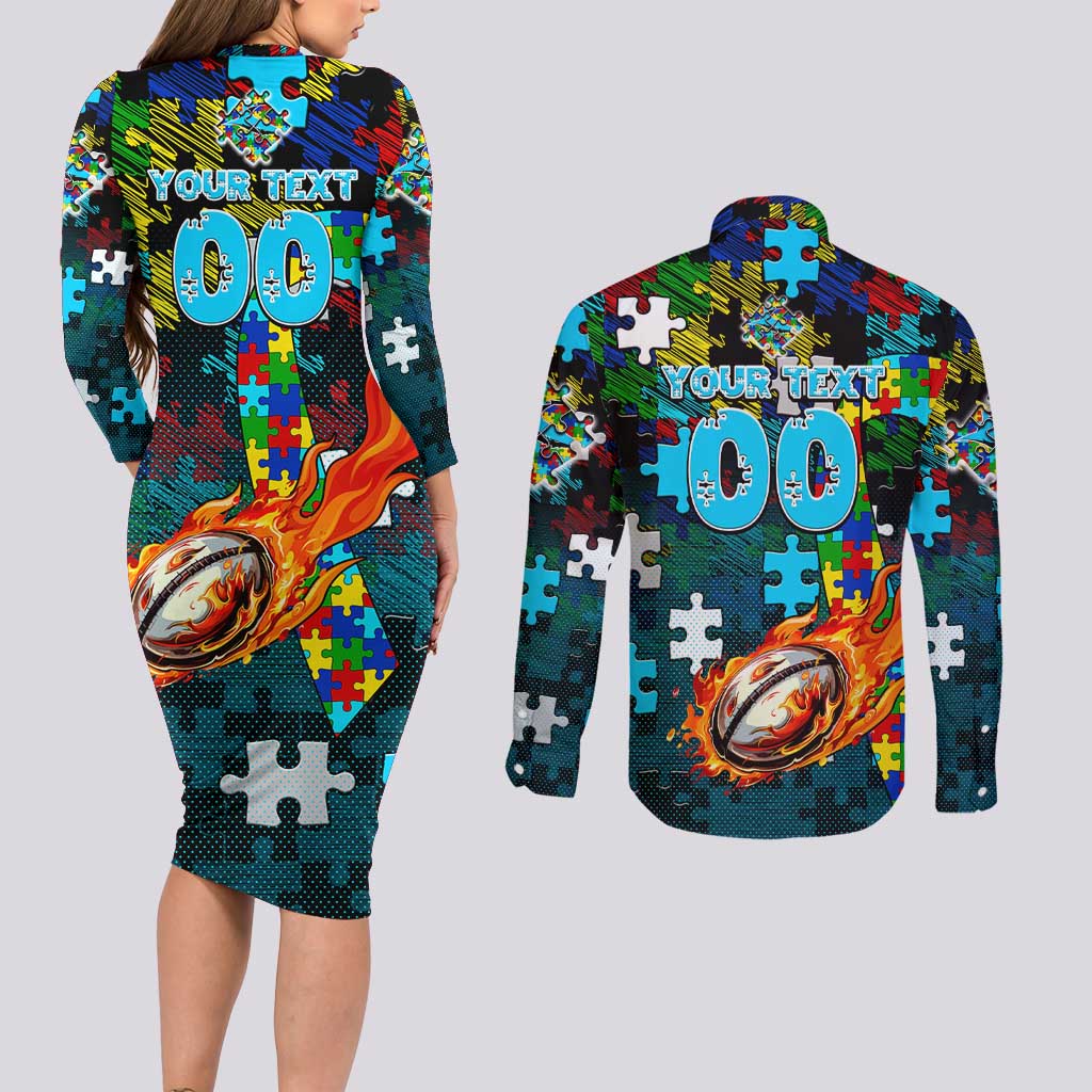 Sharks Autism Awareness Couples Matching Long Sleeve Bodycon Dress and Long Sleeve Button Shirt Puzzle Flames Rugby Ball