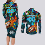 Sharks Autism Awareness Couples Matching Long Sleeve Bodycon Dress and Long Sleeve Button Shirt Puzzle Flames Rugby Ball