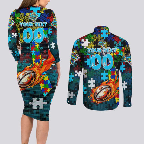 Sharks Autism Awareness Couples Matching Long Sleeve Bodycon Dress and Long Sleeve Button Shirt Puzzle Flames Rugby Ball