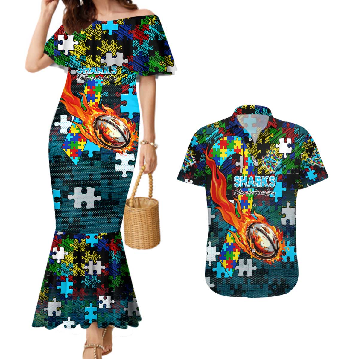 Sharks Autism Awareness Couples Matching Mermaid Dress and Hawaiian Shirt Puzzle Flames Rugby Ball