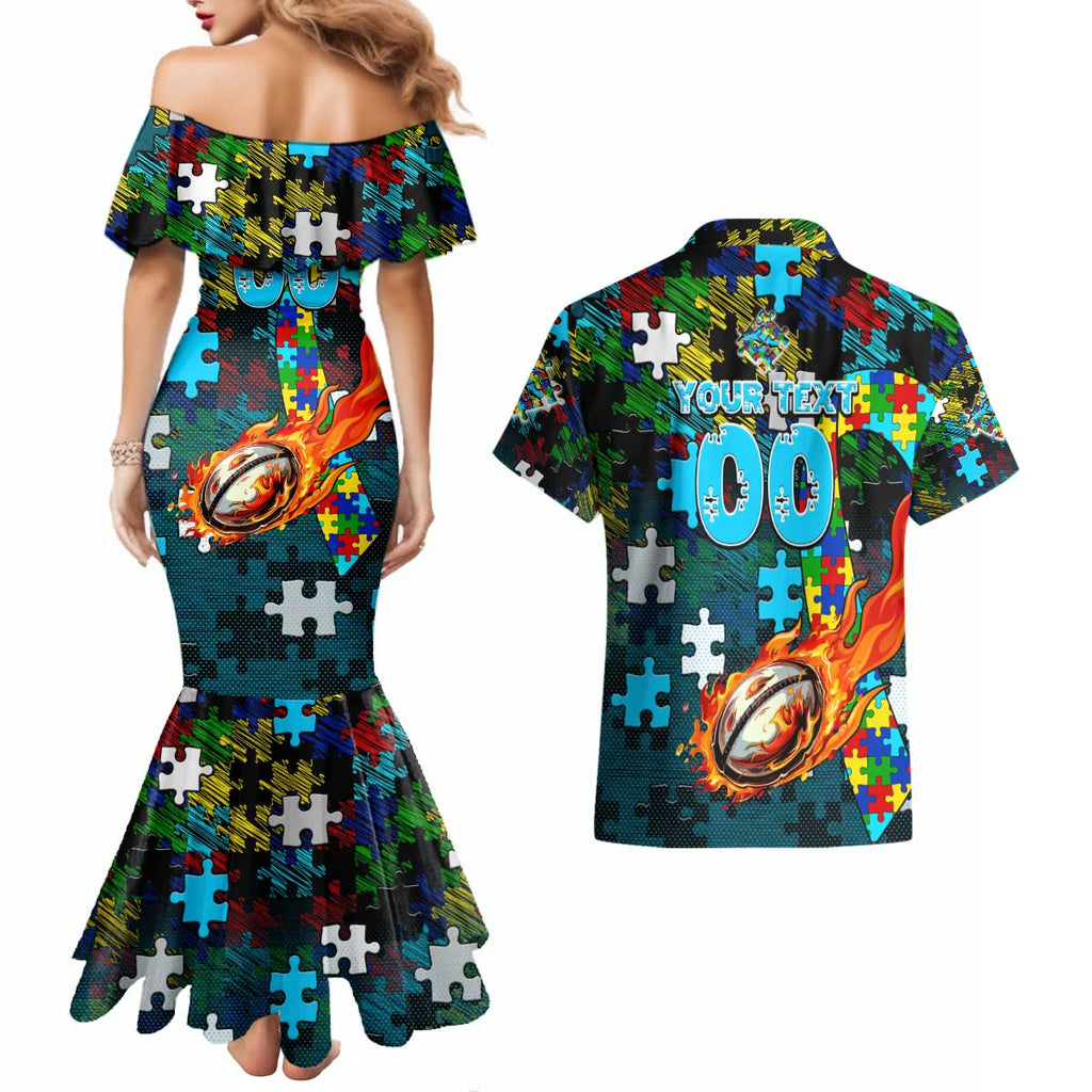Sharks Autism Awareness Couples Matching Mermaid Dress and Hawaiian Shirt Puzzle Flames Rugby Ball