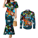 Sharks Autism Awareness Couples Matching Mermaid Dress and Long Sleeve Button Shirt Puzzle Flames Rugby Ball