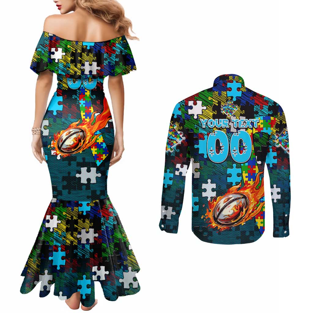 Sharks Autism Awareness Couples Matching Mermaid Dress and Long Sleeve Button Shirt Puzzle Flames Rugby Ball