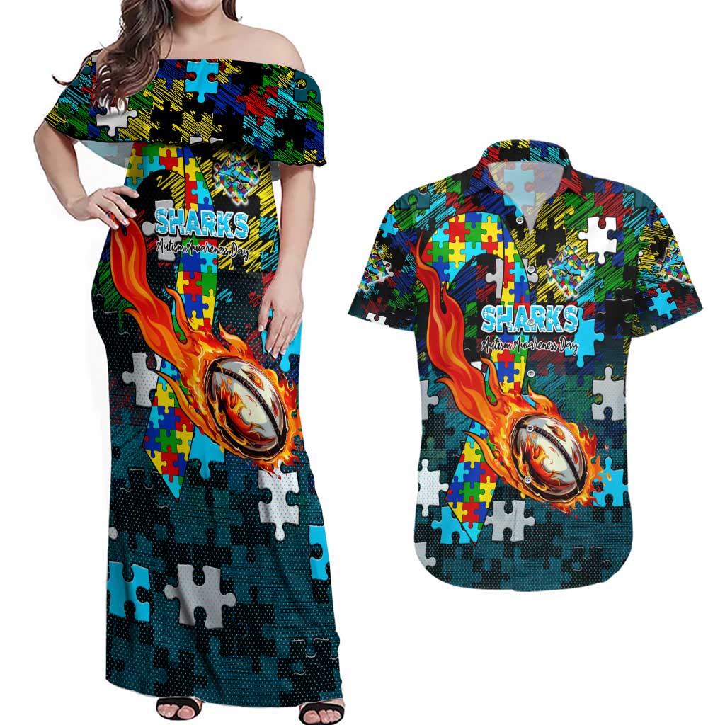 Sharks Autism Awareness Couples Matching Off Shoulder Maxi Dress and Hawaiian Shirt Puzzle Flames Rugby Ball