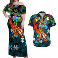 Sharks Autism Awareness Couples Matching Off Shoulder Maxi Dress and Hawaiian Shirt Puzzle Flames Rugby Ball