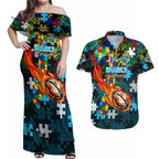 Sharks Autism Awareness Couples Matching Off Shoulder Maxi Dress and Hawaiian Shirt Puzzle Flames Rugby Ball