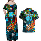Sharks Autism Awareness Couples Matching Off Shoulder Maxi Dress and Hawaiian Shirt Puzzle Flames Rugby Ball