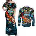 Sharks Autism Awareness Couples Matching Off Shoulder Maxi Dress and Long Sleeve Button Shirt Puzzle Flames Rugby Ball