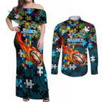 Sharks Autism Awareness Couples Matching Off Shoulder Maxi Dress and Long Sleeve Button Shirt Puzzle Flames Rugby Ball