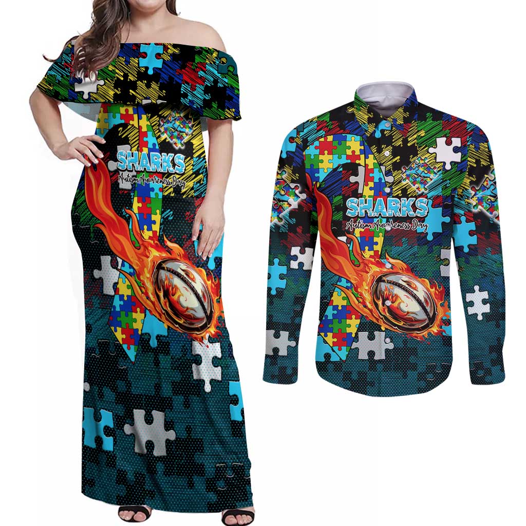 Sharks Autism Awareness Couples Matching Off Shoulder Maxi Dress and Long Sleeve Button Shirt Puzzle Flames Rugby Ball