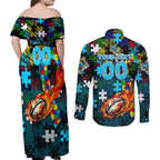 Sharks Autism Awareness Couples Matching Off Shoulder Maxi Dress and Long Sleeve Button Shirt Puzzle Flames Rugby Ball