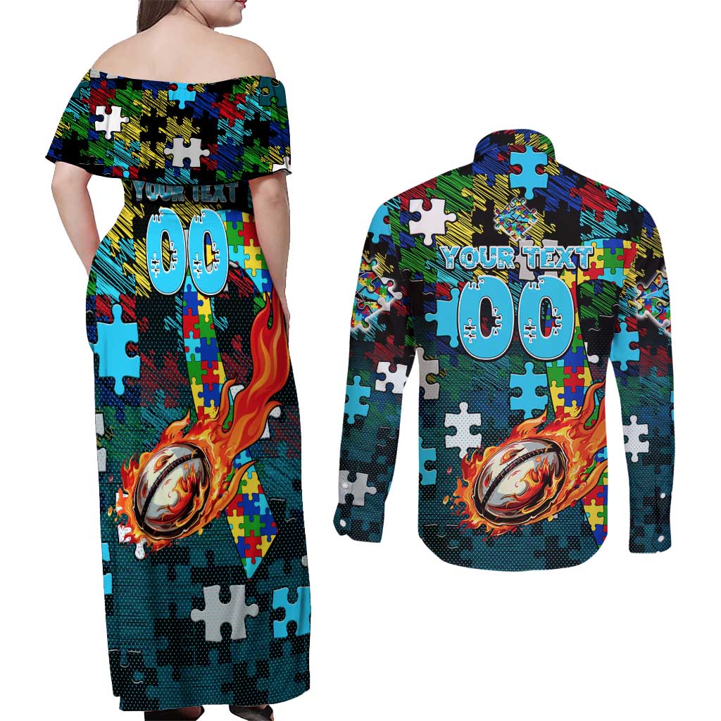 Sharks Autism Awareness Couples Matching Off Shoulder Maxi Dress and Long Sleeve Button Shirt Puzzle Flames Rugby Ball