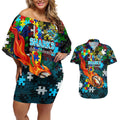 Sharks Autism Awareness Couples Matching Off Shoulder Short Dress and Hawaiian Shirt Puzzle Flames Rugby Ball