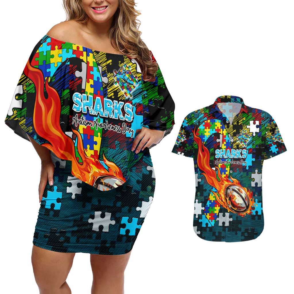 Sharks Autism Awareness Couples Matching Off Shoulder Short Dress and Hawaiian Shirt Puzzle Flames Rugby Ball