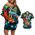 Sharks Autism Awareness Couples Matching Off Shoulder Short Dress and Hawaiian Shirt Puzzle Flames Rugby Ball
