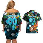 Sharks Autism Awareness Couples Matching Off Shoulder Short Dress and Hawaiian Shirt Puzzle Flames Rugby Ball