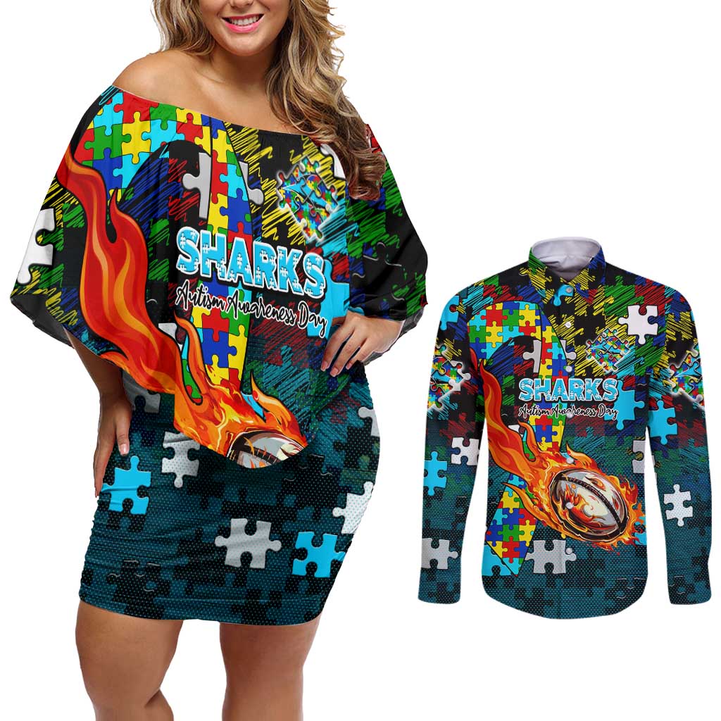 Sharks Autism Awareness Couples Matching Off Shoulder Short Dress and Long Sleeve Button Shirt Puzzle Flames Rugby Ball