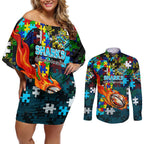 Sharks Autism Awareness Couples Matching Off Shoulder Short Dress and Long Sleeve Button Shirt Puzzle Flames Rugby Ball