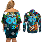 Sharks Autism Awareness Couples Matching Off Shoulder Short Dress and Long Sleeve Button Shirt Puzzle Flames Rugby Ball