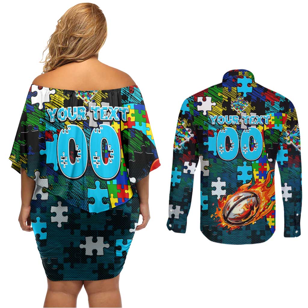 Sharks Autism Awareness Couples Matching Off Shoulder Short Dress and Long Sleeve Button Shirt Puzzle Flames Rugby Ball