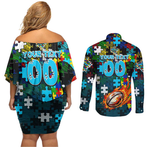 Sharks Autism Awareness Couples Matching Off Shoulder Short Dress and Long Sleeve Button Shirt Puzzle Flames Rugby Ball
