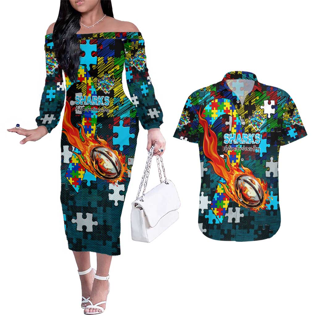 Sharks Autism Awareness Couples Matching Off The Shoulder Long Sleeve Dress and Hawaiian Shirt Puzzle Flames Rugby Ball