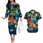 Sharks Autism Awareness Couples Matching Off The Shoulder Long Sleeve Dress and Hawaiian Shirt Puzzle Flames Rugby Ball