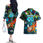 Sharks Autism Awareness Couples Matching Off The Shoulder Long Sleeve Dress and Hawaiian Shirt Puzzle Flames Rugby Ball