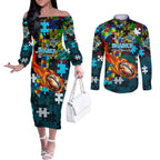 Sharks Autism Awareness Couples Matching Off The Shoulder Long Sleeve Dress and Long Sleeve Button Shirt Puzzle Flames Rugby Ball