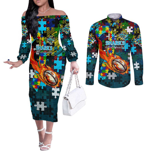 Sharks Autism Awareness Couples Matching Off The Shoulder Long Sleeve Dress and Long Sleeve Button Shirt Puzzle Flames Rugby Ball