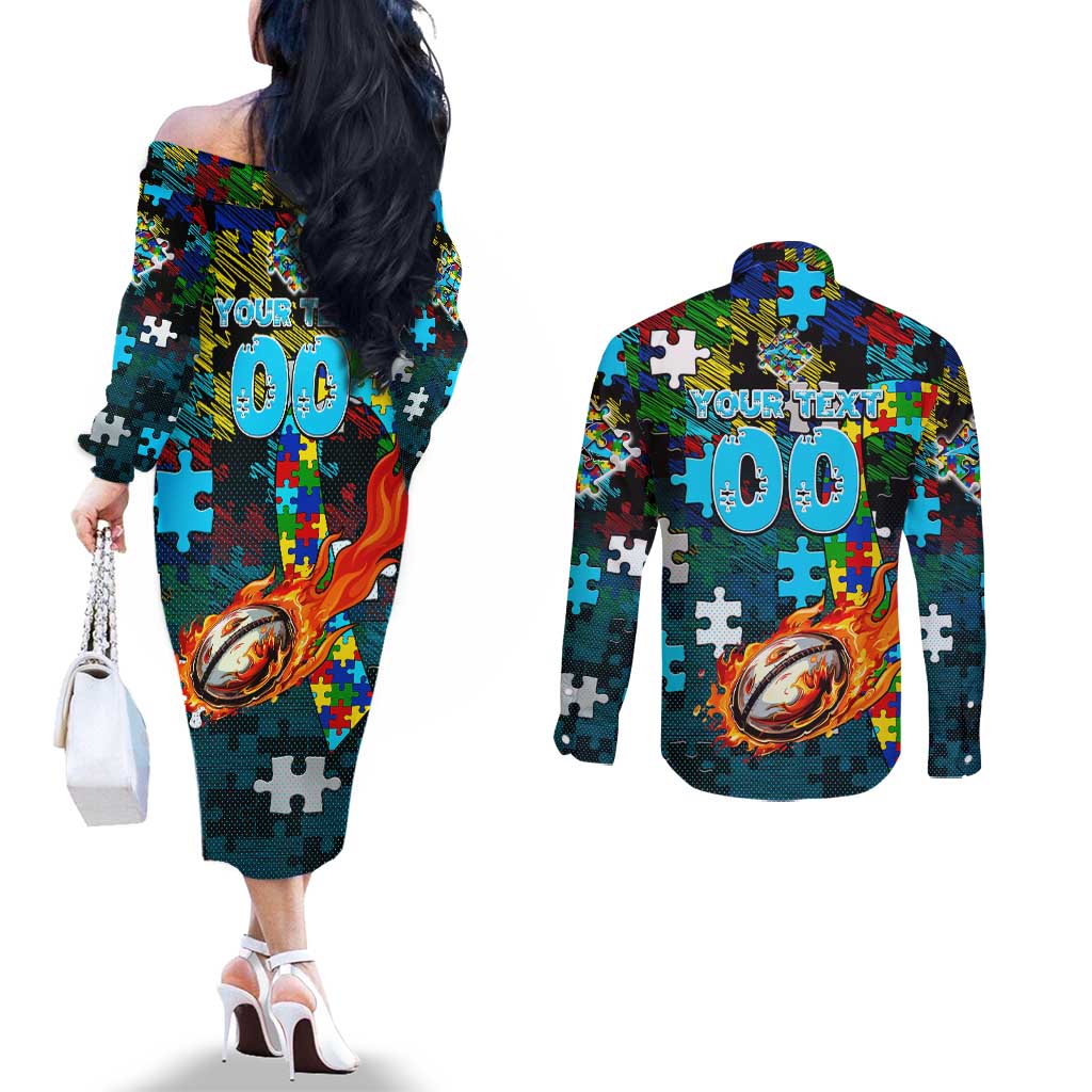 Sharks Autism Awareness Couples Matching Off The Shoulder Long Sleeve Dress and Long Sleeve Button Shirt Puzzle Flames Rugby Ball