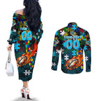 Sharks Autism Awareness Couples Matching Off The Shoulder Long Sleeve Dress and Long Sleeve Button Shirt Puzzle Flames Rugby Ball