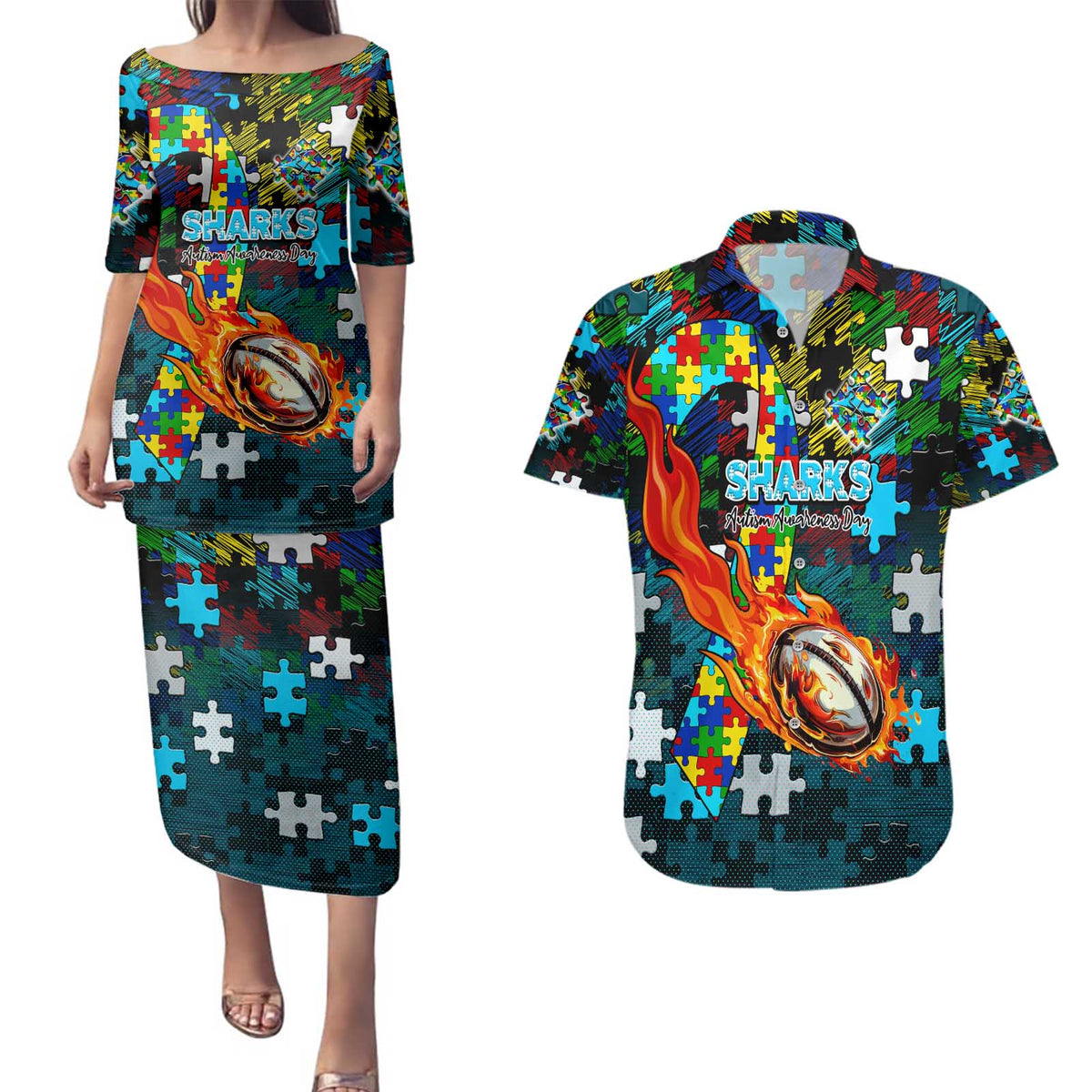 Sharks Autism Awareness Couples Matching Puletasi and Hawaiian Shirt Puzzle Flames Rugby Ball