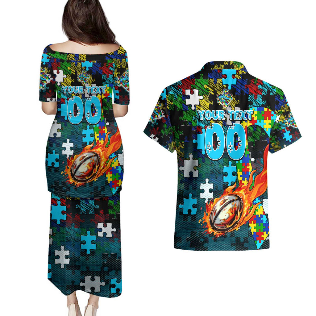 Sharks Autism Awareness Couples Matching Puletasi and Hawaiian Shirt Puzzle Flames Rugby Ball