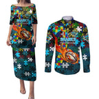 Sharks Autism Awareness Couples Matching Puletasi and Long Sleeve Button Shirt Puzzle Flames Rugby Ball
