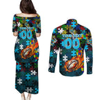 Sharks Autism Awareness Couples Matching Puletasi and Long Sleeve Button Shirt Puzzle Flames Rugby Ball