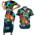 Sharks Autism Awareness Couples Matching Short Sleeve Bodycon Dress and Hawaiian Shirt Puzzle Flames Rugby Ball