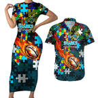 Sharks Autism Awareness Couples Matching Short Sleeve Bodycon Dress and Hawaiian Shirt Puzzle Flames Rugby Ball