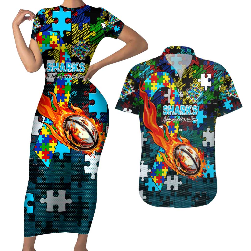 Sharks Autism Awareness Couples Matching Short Sleeve Bodycon Dress and Hawaiian Shirt Puzzle Flames Rugby Ball
